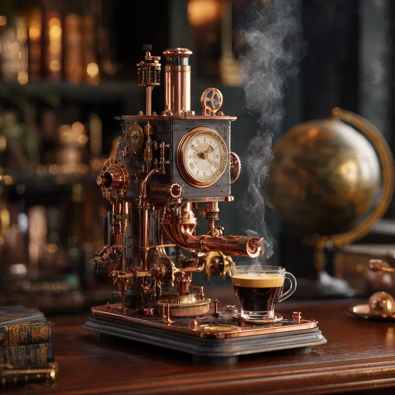 Vintage steampunk style coffee machine with clock and antique decor