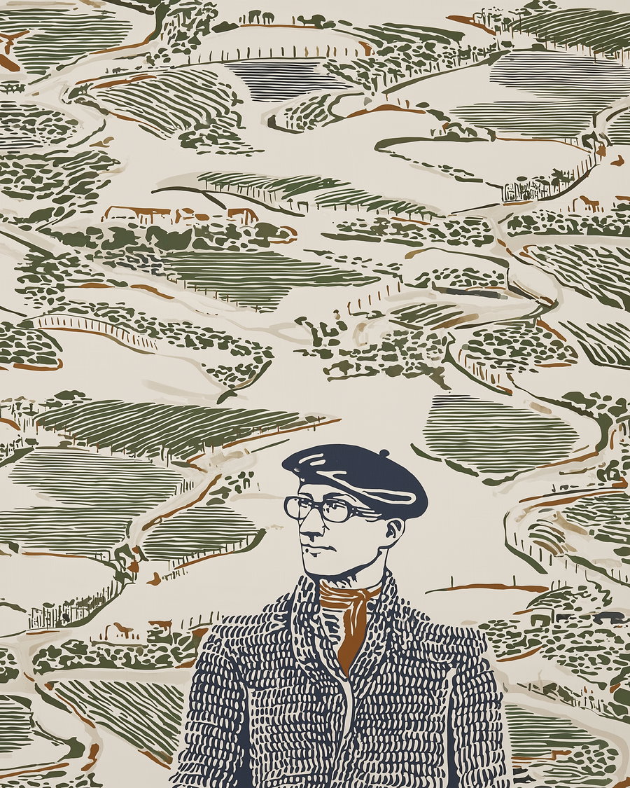 A stylized drawing of a man wearing a beret, glasses, and a patterned coat in front of an abstract landscape with winding paths and fields in green, brown, and beige tones.