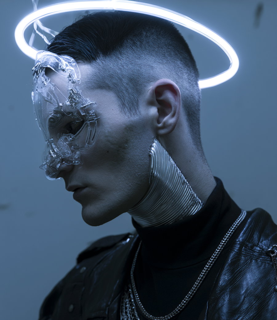 A side profile of a person wearing a translucent, intricate mask and a glowing halo ring above their head, dressed in dark clothing with a high collar and chain necklace, set against a bluish background.