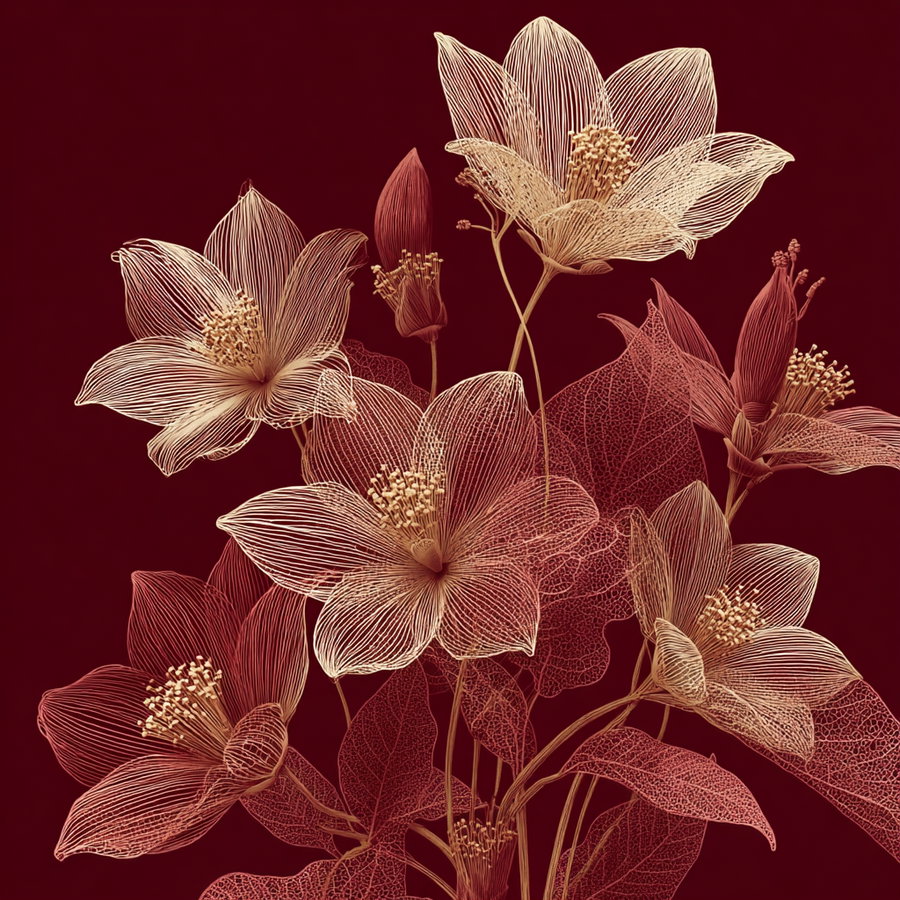 Illustration of translucent flowers and leaves with fine line work on a deep burgundy background