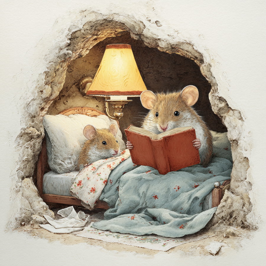An artistic depiction of two mice in a cozy bed inside a burrow, one reading a book while the other listens, surrounded by a lamp, pillows, and floral blankets
