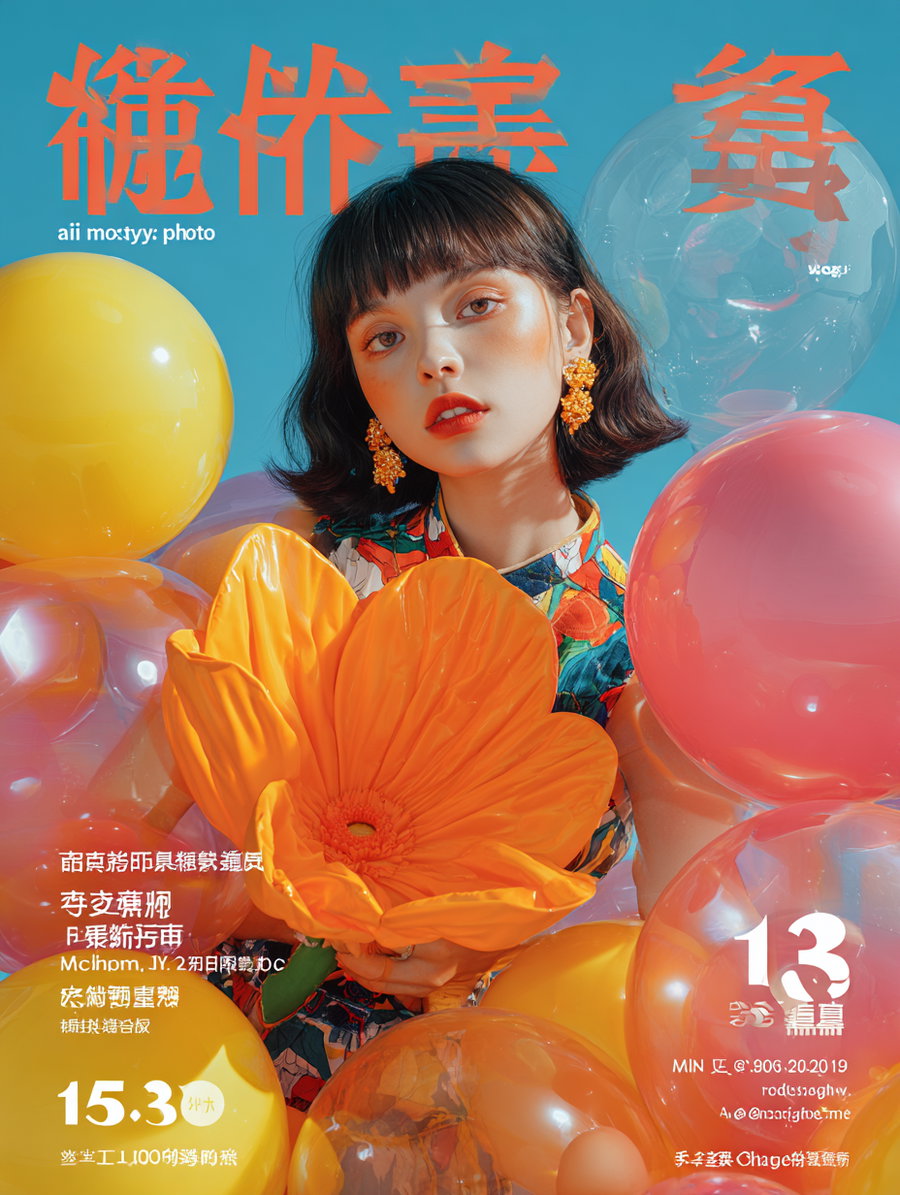 A young woman with short dark hair and bold makeup holds a large orange flower surrounded by colorful balloons against a clear blue sky.
