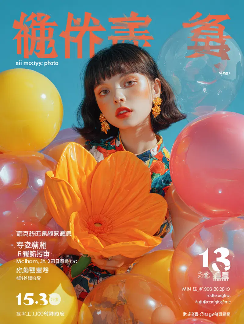 Vibrant portrait with colorful balloons and a large orange flower