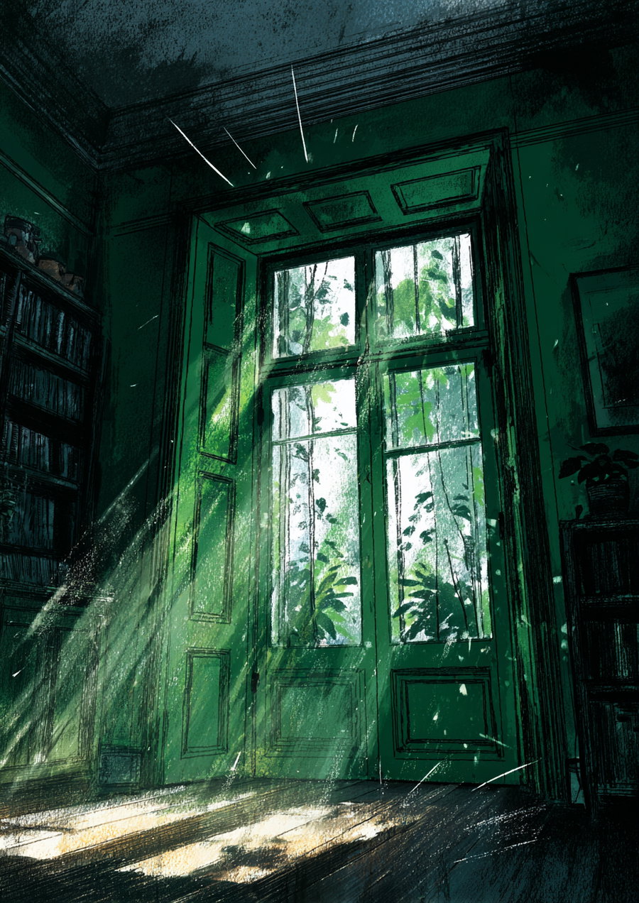 A detailed illustration showing sunlight filtering through tall green wooden framed windows with leafy plants outside, casting light and shadows on the wooden floor inside, with dark green walls and bookshelves on each side.