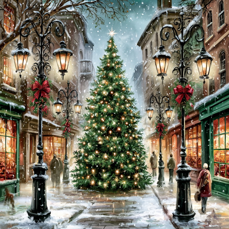 A snowy street scene with vintage lamp posts decorated with red bows, a large lit Christmas tree in the center, people walking along the sides, and shop windows glowing warmly