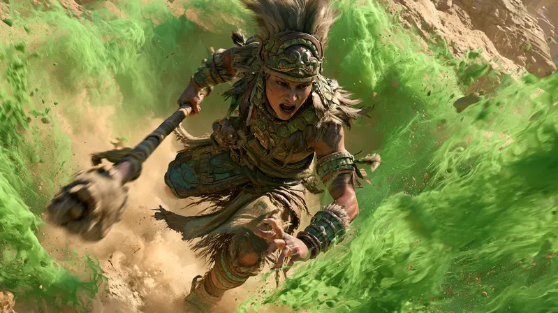 Dynamic and intense warrior striking amidst swirling green smoke