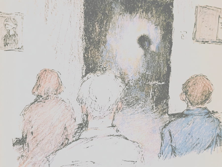 Drawing of three figures seen from behind watching a glowing human silhouette in a dark doorway, rendered with sketchy lines and muted colors