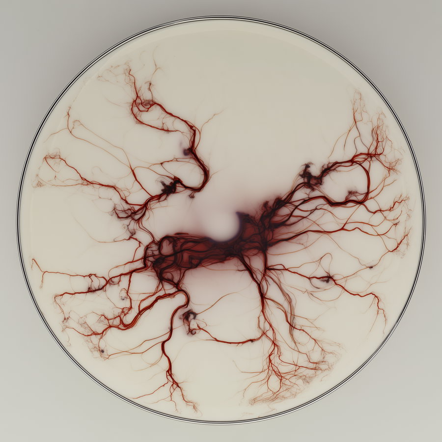 Circular art piece with dark red branching organic lines spreading across a beige background enclosed in a thin circular border