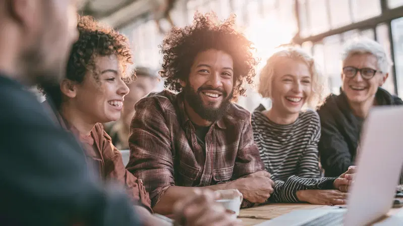 Happy diverse team smiling and engaging in a modern office workspace