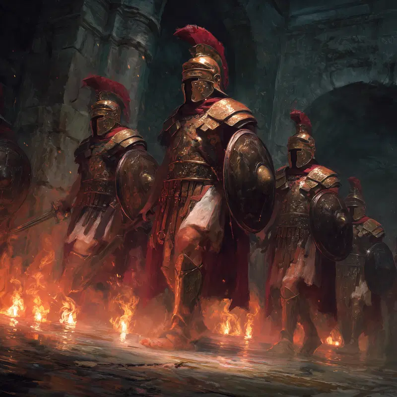 Classic European Decor Featuring Roman Soldiers in Armor Amidst Flames