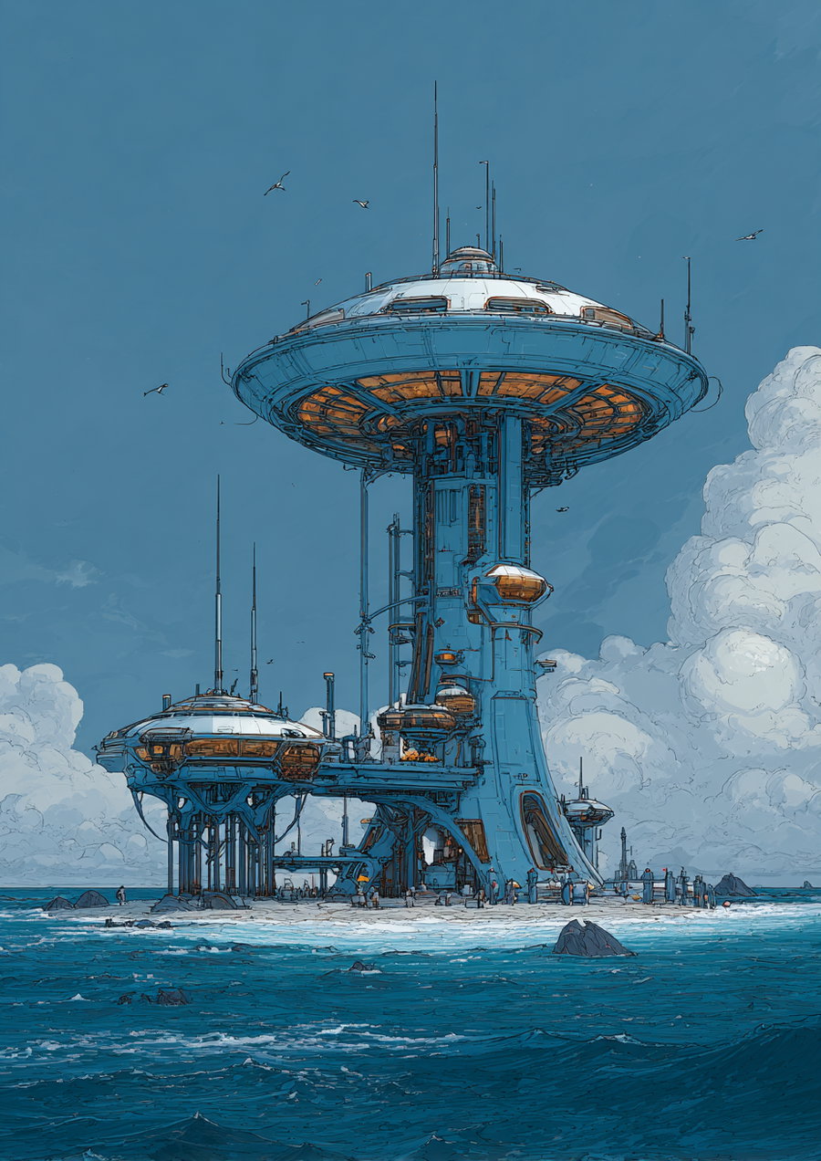Illustration of a large futuristic tower with circular platforms situated on a rocky coastline surrounded by ocean water and a partly cloudy sky with birds flying around