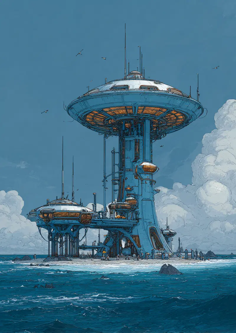 Futuristic coastal tower structure rising above the ocean with cloudy sky