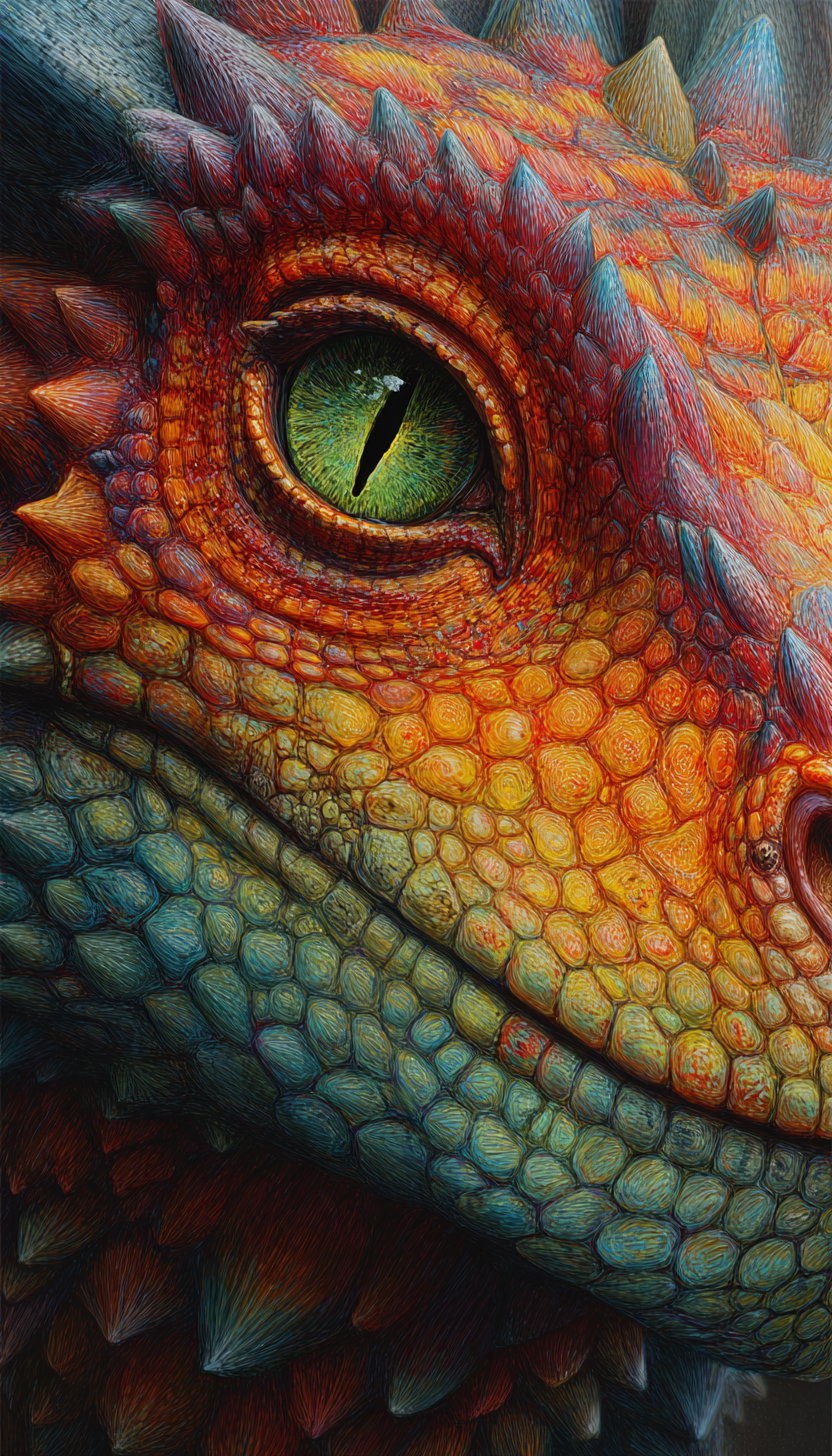 A highly detailed artistic close-up of a reptile's eye surrounded by vibrant, multicolored scales and spikes.