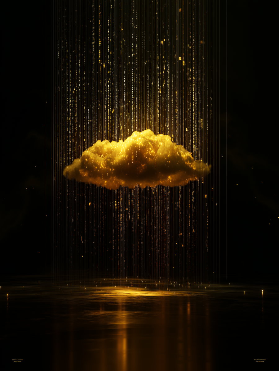 A glowing golden cloud suspended in the center with vertical golden light streaks falling around it against a black background