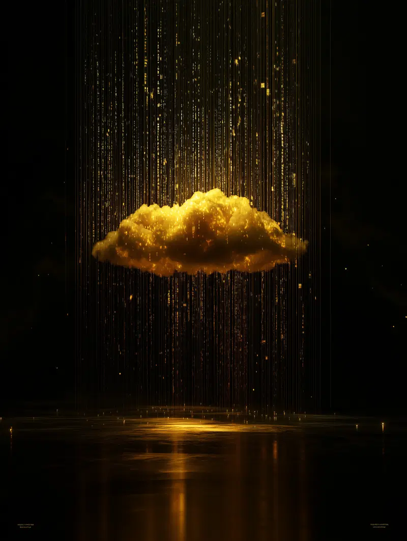 Surreal glowing golden cloud with vertical golden light streaks on black