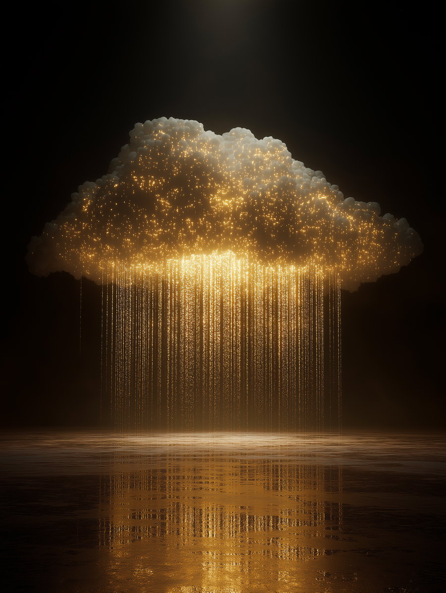 Glowing cloud-like formation emitting numerous golden light strands falling over a reflective surface in a dark space