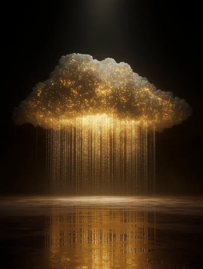 Surreal glowing cloud with cascading golden lights over reflective surface