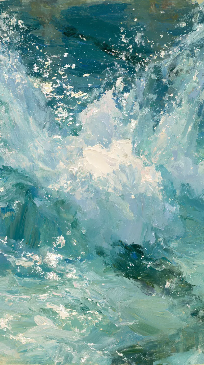 Abstract Oil Painting Art of Ocean Waves Breaking Illuminated by Light