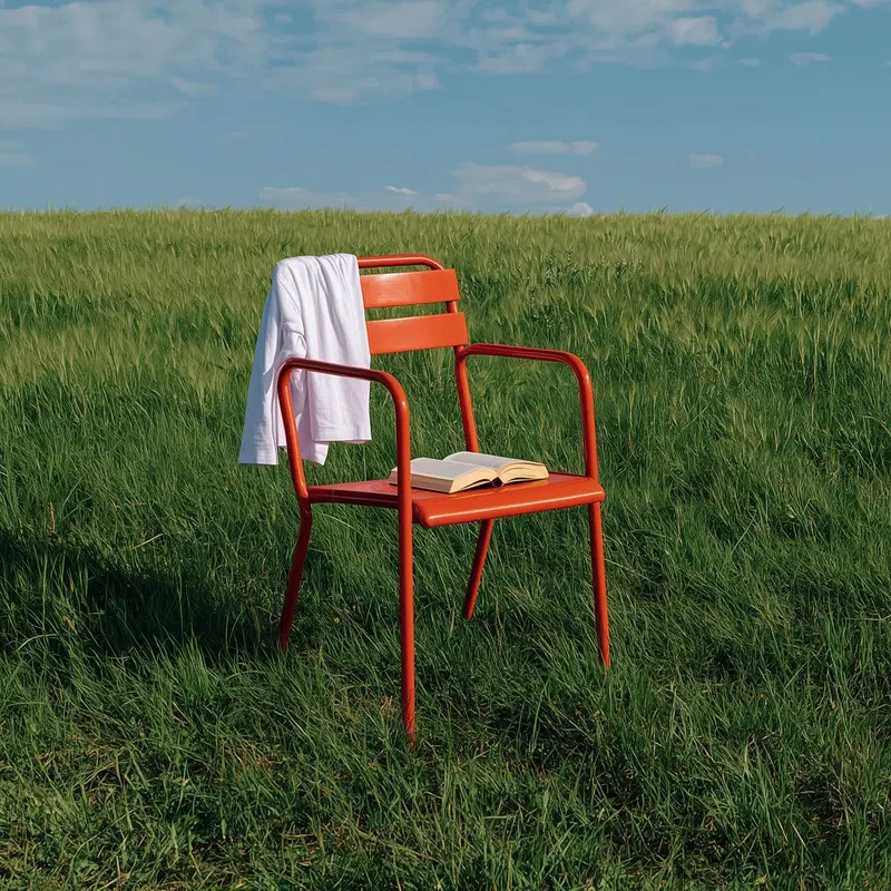 Red chair with an open book and white jacket in a sunlit green field