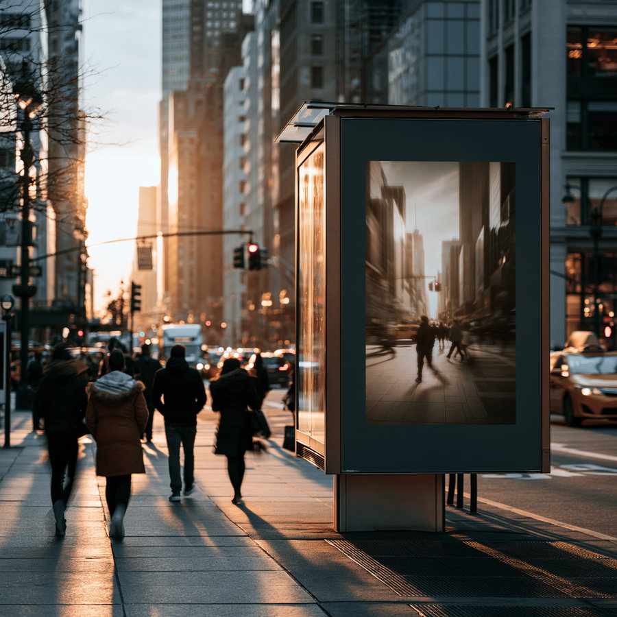 A street billboard in a city showing an abstract photo of urban pedestrians and buildings with motion blur during sunset.