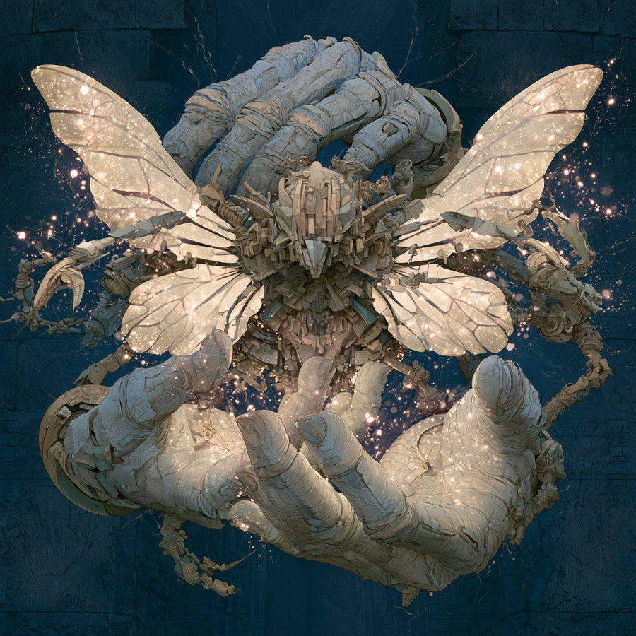Futuristic sculpture of large mechanical hands holding a glowing insect with translucent wings against a dark textured background