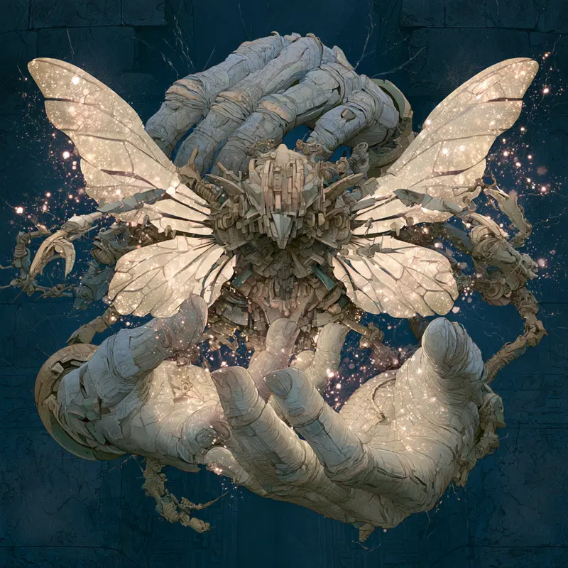 Surreal Abstract Art of Mechanical Hands Holding a Glowing Insect