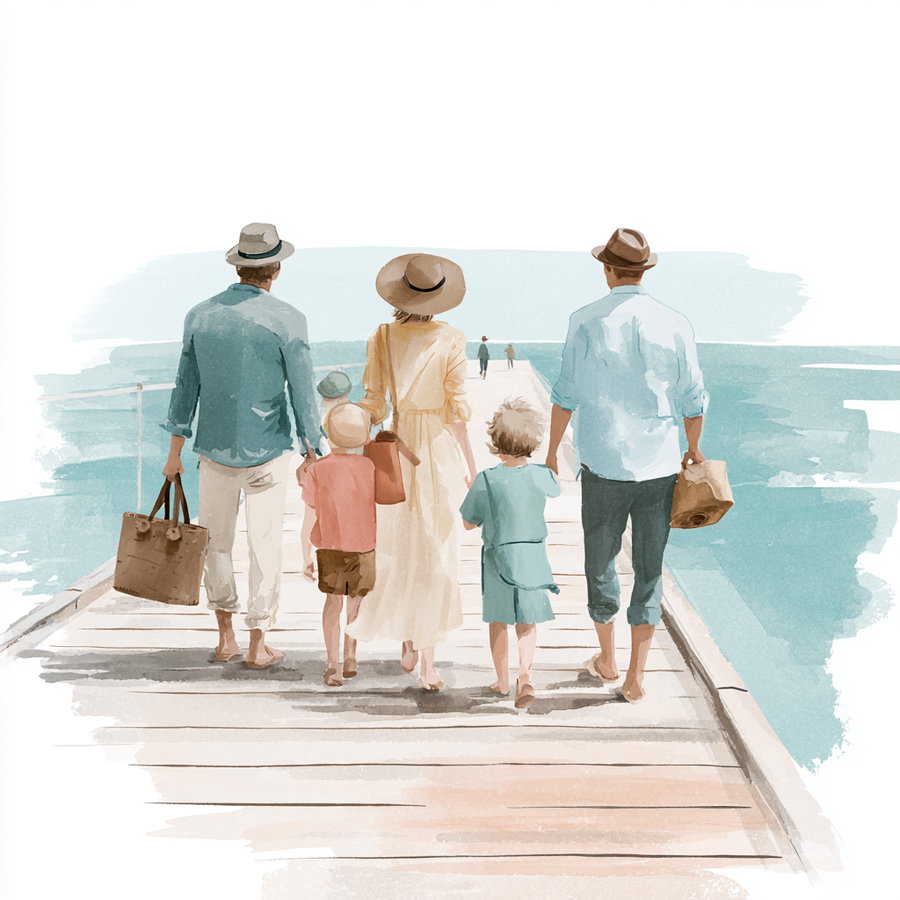 Watercolor illustration of a family of five walking barefoot on a wooden pier extending into the ocean, dressed in light casual summer clothing and hats