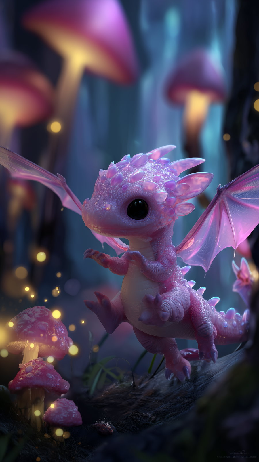 A small, adorable pink dragon with translucent wings standing on a forest floor with glowing mushrooms and magical sparkles around it, set in a dark, mystical forest background.
