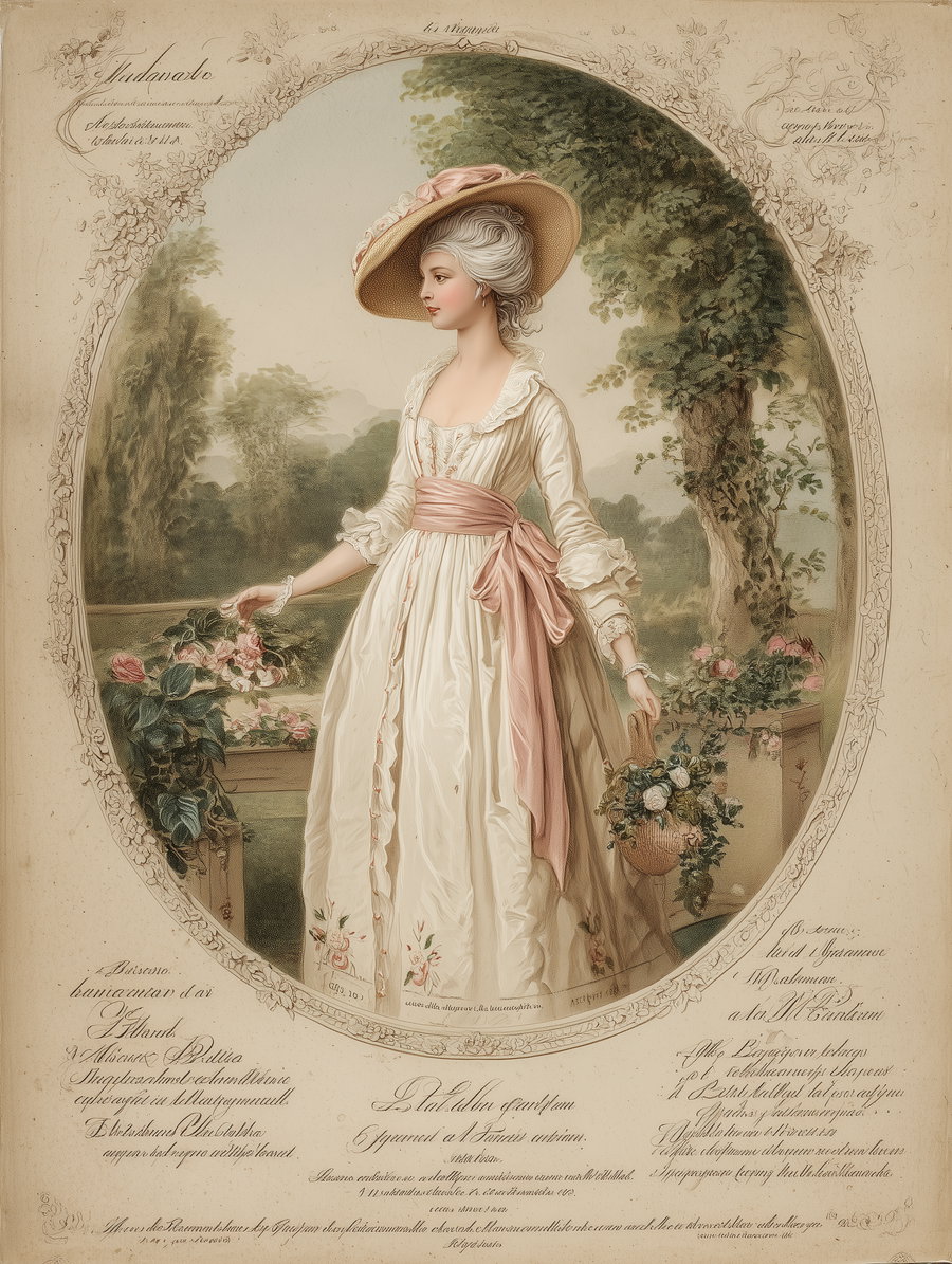 A classic European style painting of a woman in a long white gown with a pink sash and a wide-brimmed hat, standing in a garden surrounded by trees and flowers, framed by an oval floral border with decorative script text around the edges.
