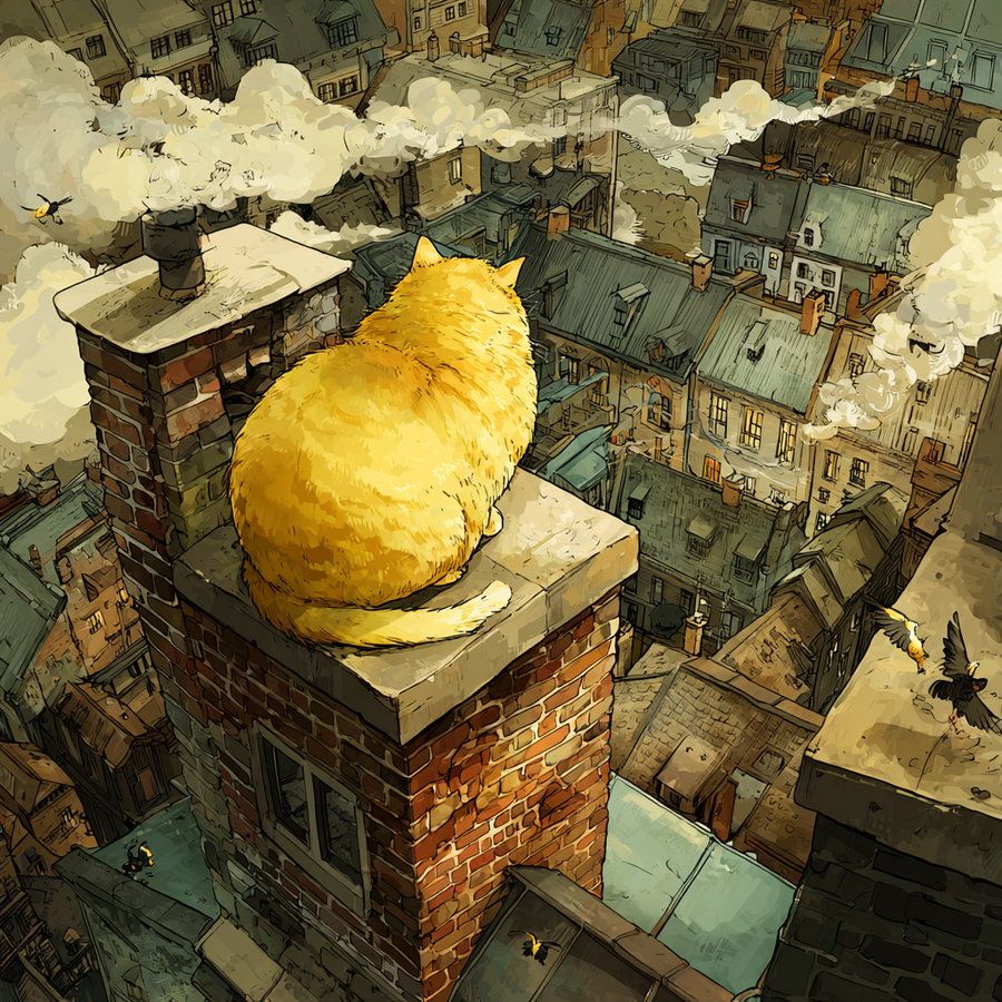 A detailed artwork showing a large yellow cat sitting on a brick chimney atop a building, with smoking chimneys and rooftops of an old city visible in the background, along with several birds flying nearby.