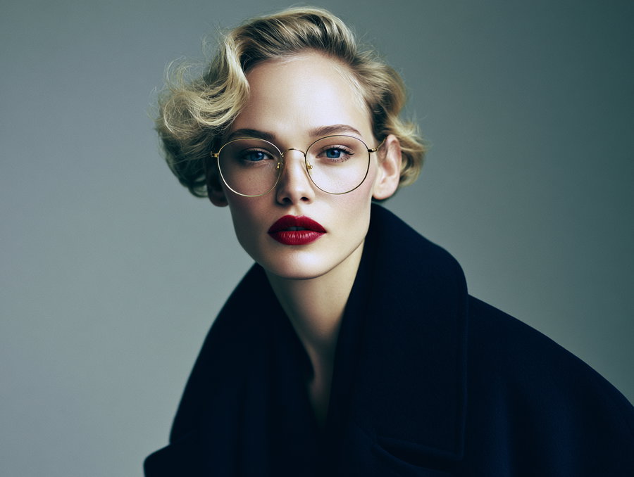 A close-up portrait of a woman with short blond hair styled in waves, wearing round eyeglasses, red lipstick, and a dark coat against a neutral background