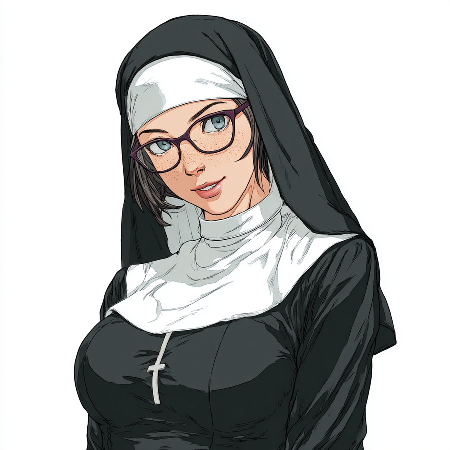 Illustration of a young woman wearing a traditional nun habit and glasses, shown from the chest up on a white background