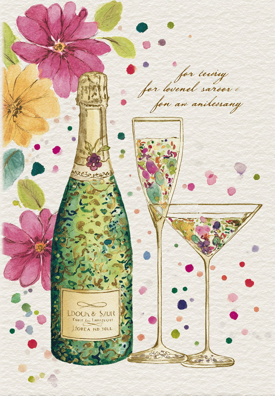 Watercolor painting of a champagne bottle and two glasses filled with colorful flowers and confetti, surrounded by magnolia and other flowers on a textured paper background