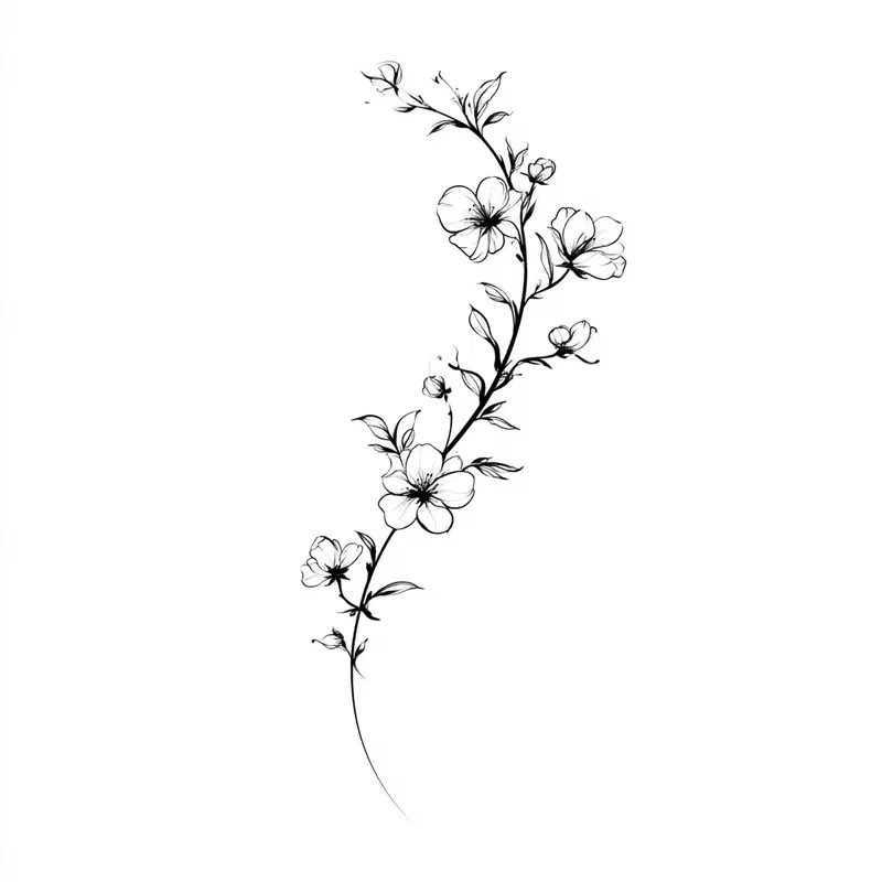 Black and white botanical illustration of a curved flower branch