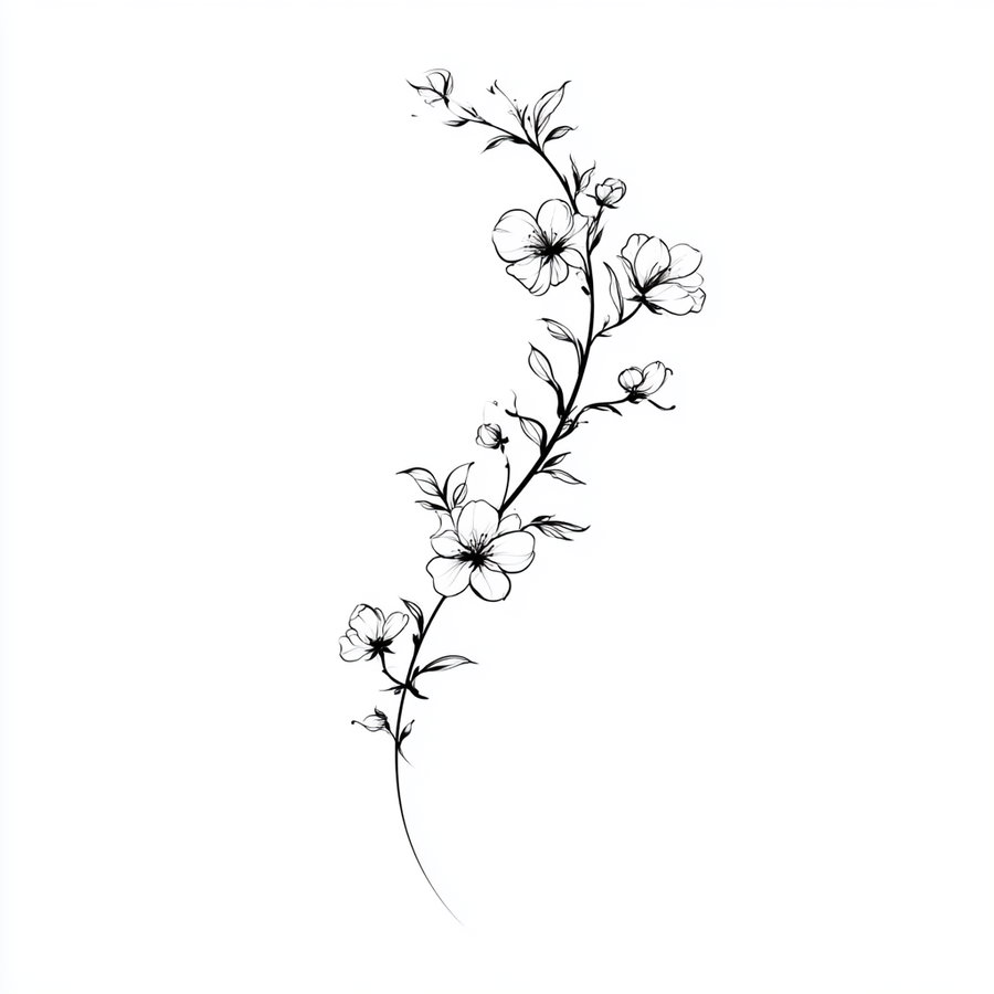 Black and white sketch of a curved flowering branch with leaves and blossoms on a white background
