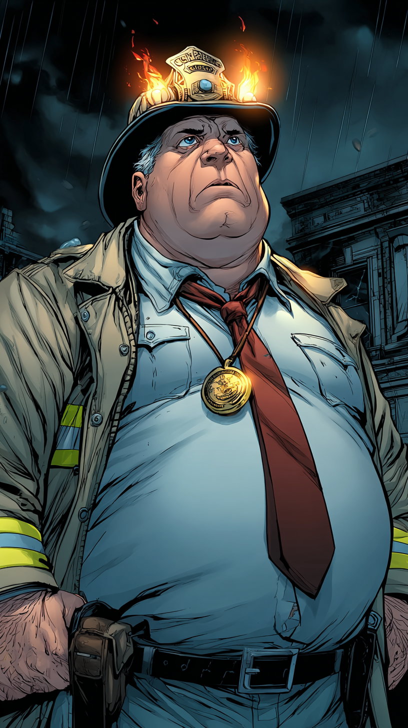 A digital illustration of a firefighter wearing a beige uniform, red tie, and a black helmet with flames, standing in front of a dark, rainy urban background.