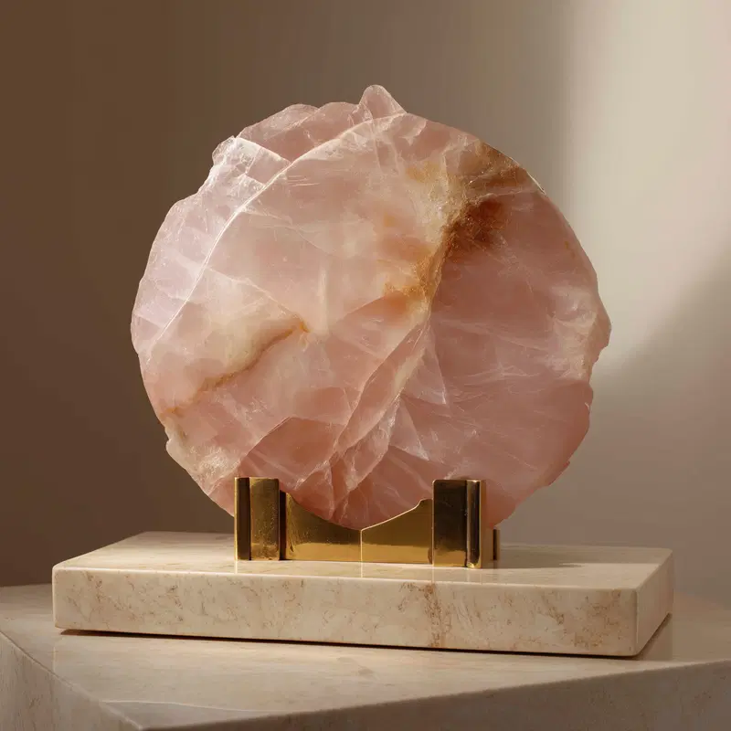 Decorative pink quartz stone on marble base with gold holder in warm earth tones