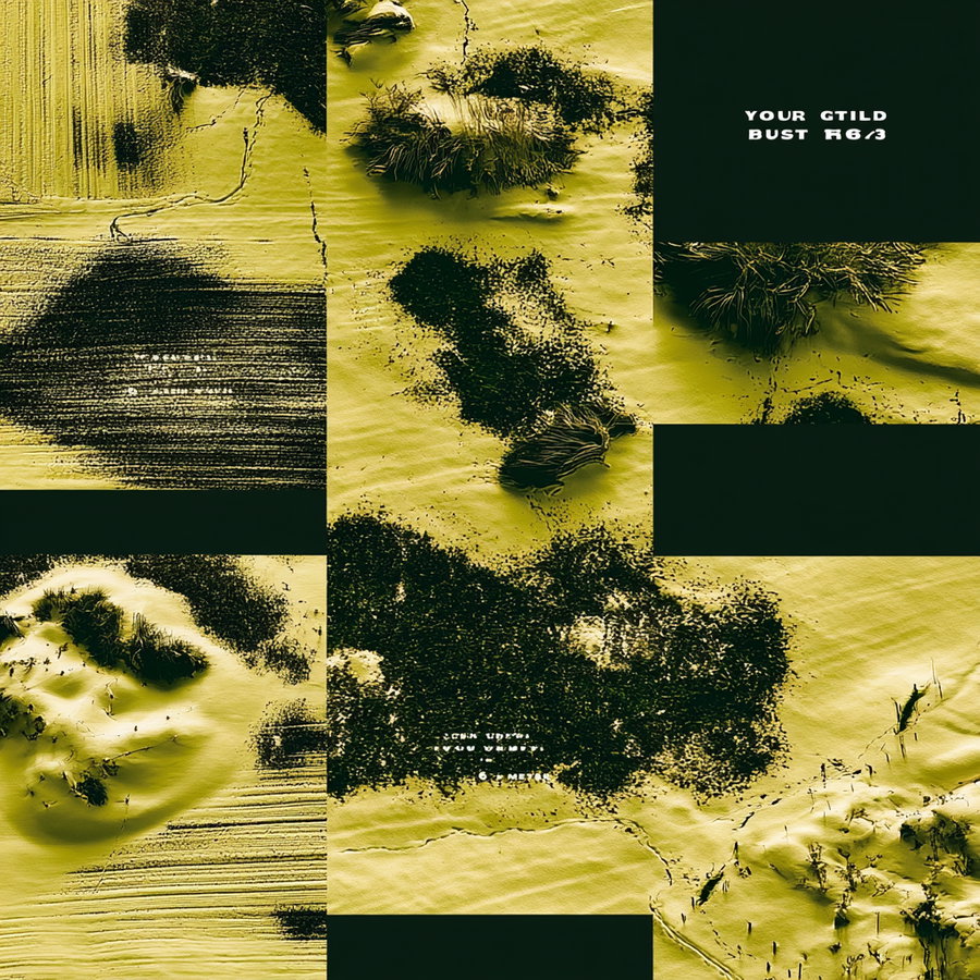 Abstract art image showing aerial view of textured terrain with green and black patches and black rectangular shapes with partial text