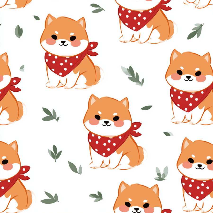 Seamless pattern featuring cartoon orange and white dogs wearing red polka dot scarves, scattered with small green leaves on a white background