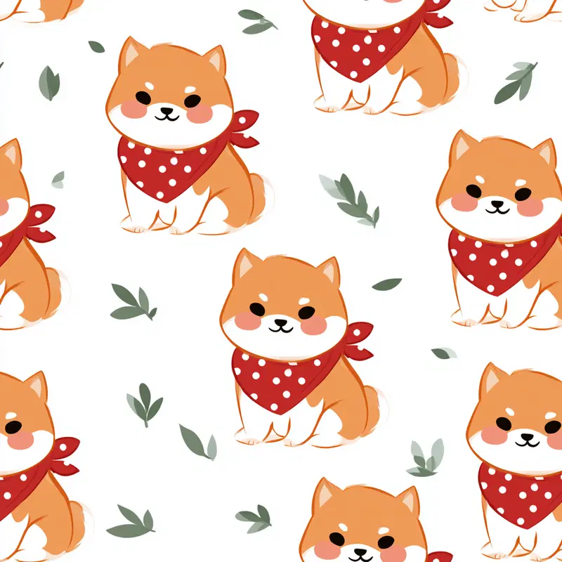 Cute cartoon dogs with red polka dot scarves surrounded by green leaves pattern