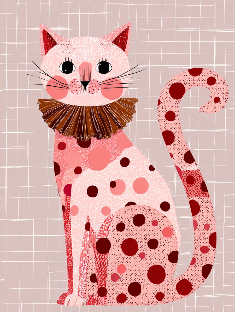 Digital illustration of a sitting stylized pink cat with various shades of pink and red spots, wearing a brown ruffled collar, set against a beige grid patterned background