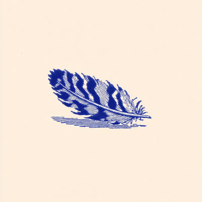 Detailed blue botanical illustration of a single feather on light background