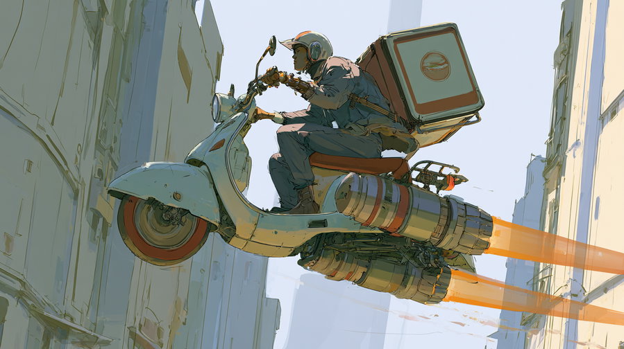 A digital illustration of a person wearing a helmet riding a light blue flying scooter with rocket boosters, navigating between tall buildings under a clear sky
