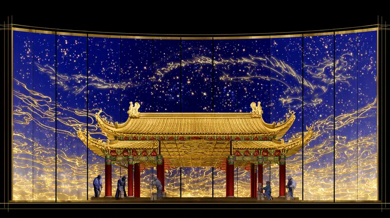 Intricate golden temple with glowing starry night backdrop in museum style
