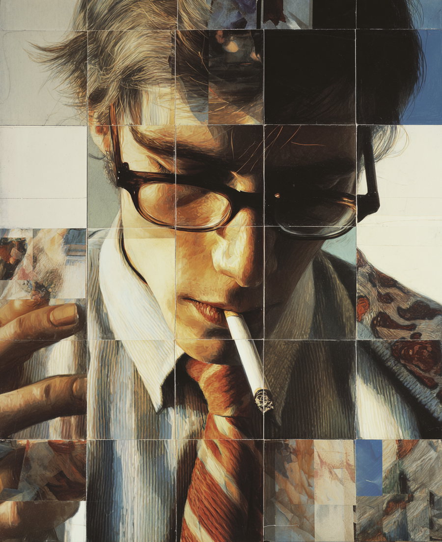 Portrait of a man wearing glasses and a tie, smoking a cigarette with a fragmented textured effect