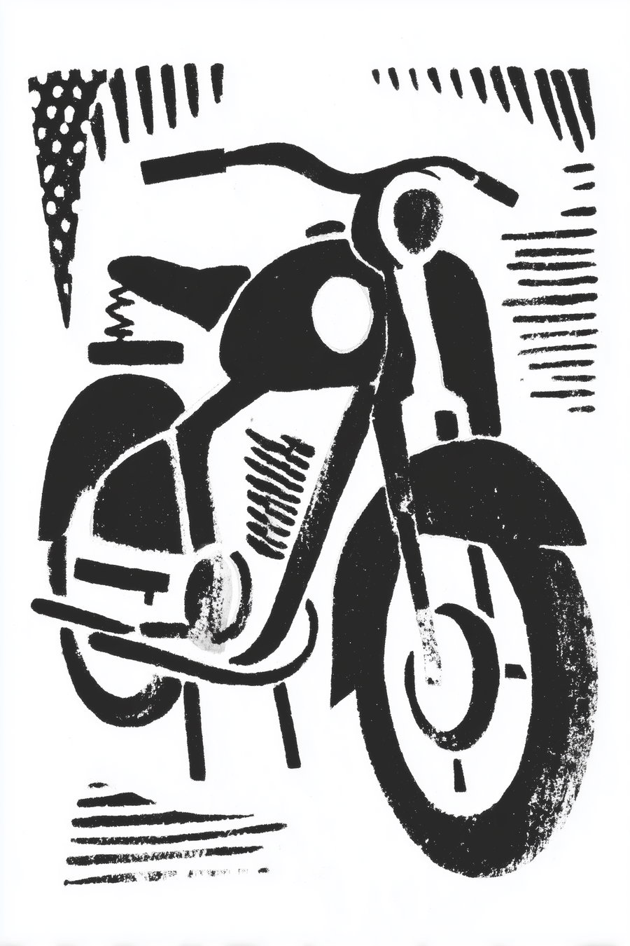 Black and white abstract illustration of a motorcycle with graphic brush patterns around it