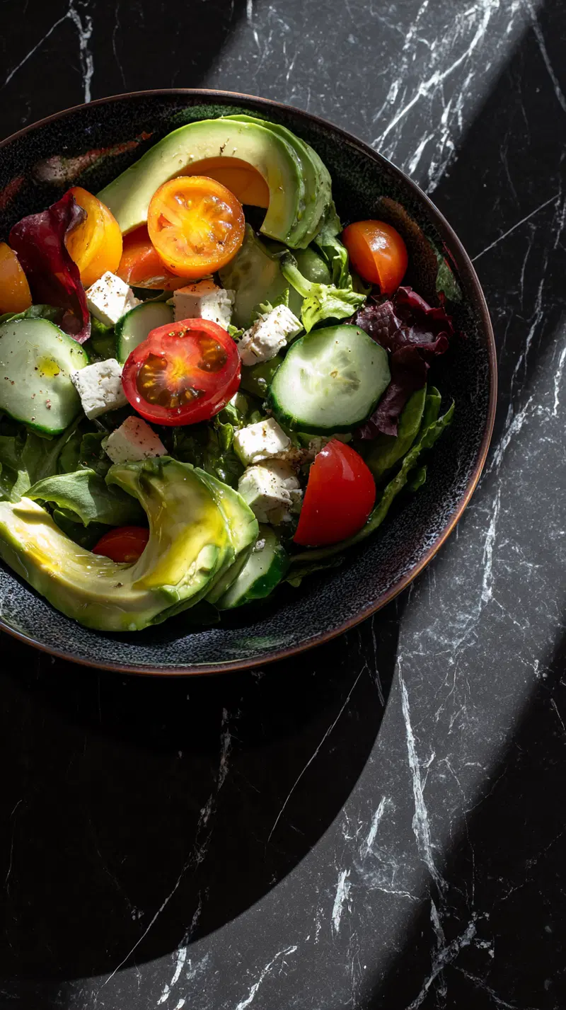 Fresh and colorful salad bowl on dark marble kitchen surface