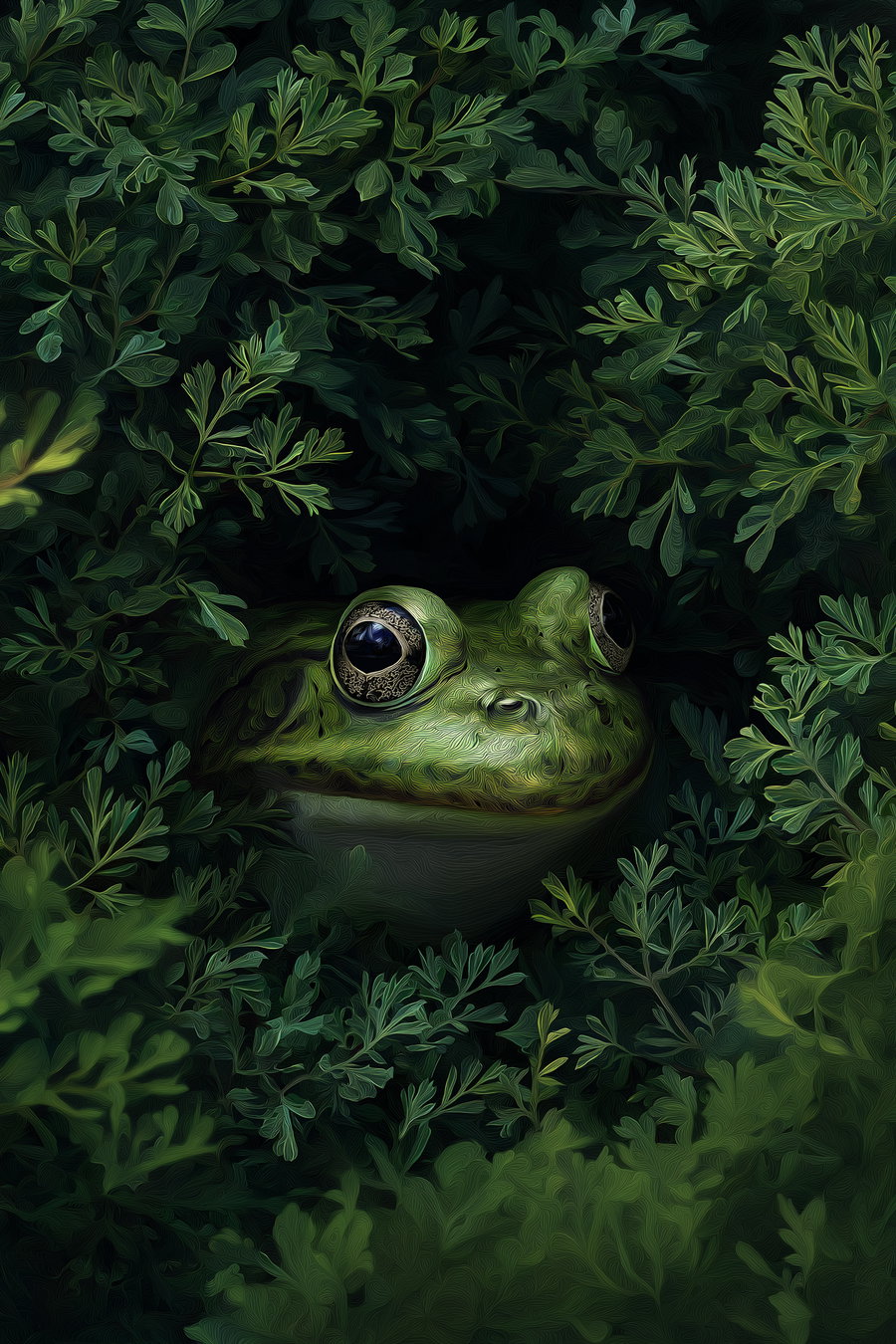A highly detailed digital painting of a green frog partially hidden amongst dense green leafy plants, showing large eyes and textured skin.