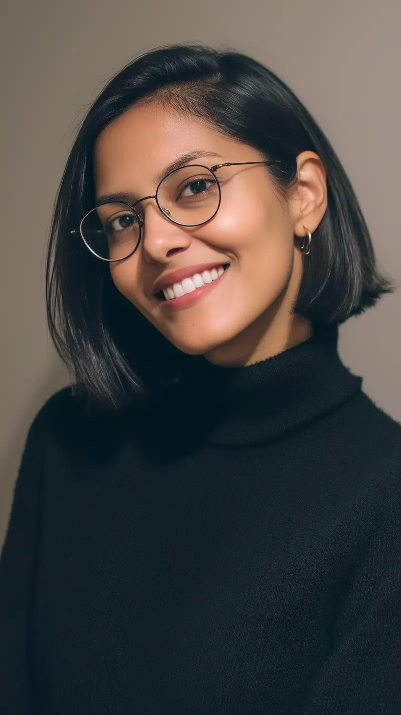 Close-up portrait of a smiling woman wearing glasses and a black turtleneck