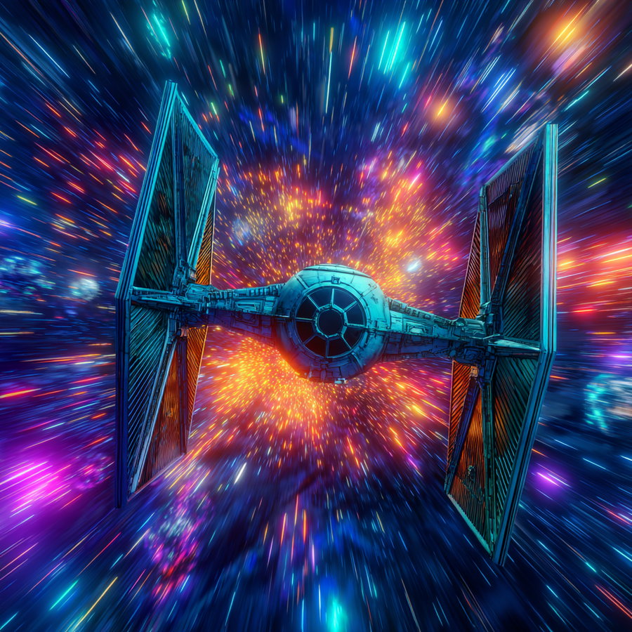 Digital artwork depicting a futuristic spacecraft flying through a vibrant and colorful cosmic background with bright neon blue, orange, and pink lights